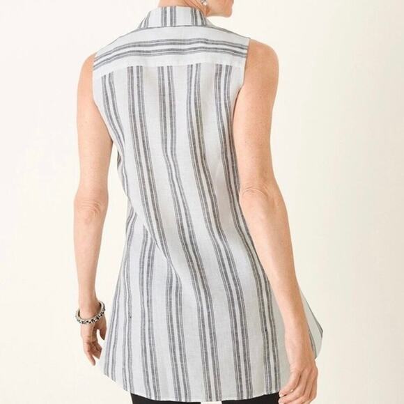 Chico’s No-Iron Linen Sleeveless Striped Tunic White Black Women’s Size 4 XXL - Picture 2 of 9